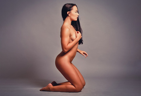 women, nude, kneeling, black hair, long hair, ass, sideboob, belly, simple  ...