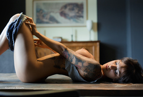 women, undressing, boobs, nipples, closed eyes, ass, table, tattoos, belly, ...