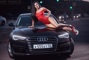 Yulia Chekanova, women, hips, one-piece, car, high heels, brunette, women o ...
