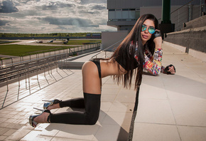 Katia Bolotova, women, brunette, long hair, thong, kneeling, high heels, ass, gloves, belly, juicy lips, black hair, sunlight, women with glasses, glasses, sunglasses, arched back, clouds, sky, portrait, women outdoors