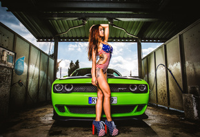 women, brunette, hands on head, high heels, tattoos, car, Dodge Challenger Hellcat, one-piece swimsuit, looking away, red nails