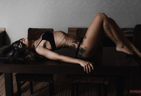 women, mask, black lingerie, tattoos, arched back, tablechair, closed eyes, belly, ass, brunette, Andrey Popenko