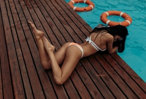women, ass, lying on front, black lingerie, tanned, bikini, swimming pool, feet in the air, wooden surface, back, Alexander Belavin