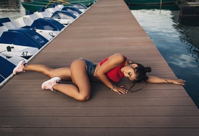 women, pier, ass, sneakers, tattoo, jean shorts, closed eyes, on the floor, tanned