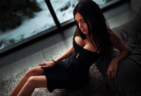 women, black dress, boobs, sitting, brunette, window, painted nails, Ivan G ...