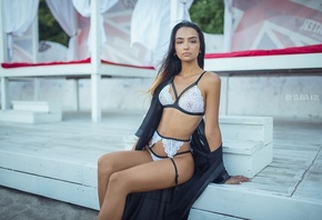 women, tanned, sitting, see-through clothing, white lingerie, belly, Slava  ...