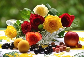 fruits, fresh colorful, bouquet, still, roses, life, flower, flwers, nature