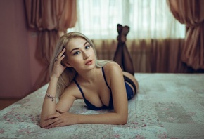 women, blonde, in bed, lingerie, lying on front, black stockings, blue bras, black panties, window, portrait, depth of field