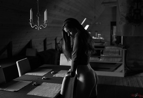 women, monochrome, ass, table, shorts, portrait, chair