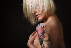 Sasha Brink, women, blonde, tattoo, boobs, back, black background, nose rin ...