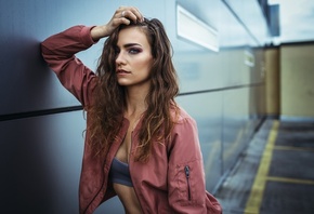 women, wavy hair, portrait, wall, hands on head, sweater, depth of field