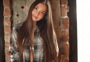 women, portrait, wall, straight hair, bricks, white bra, tanned, shirt, ope ...