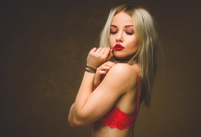 Alicja Sedzielewska, women, blonde, portrait, red bras, red lipstick, simple background, choker, pierced nose, face