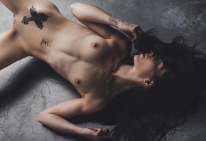 women, nude, top view, belly, boobs, nipples, tattoos, pierced vagina, shav ...