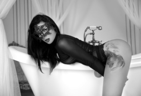 women, mask, ass, bathtub, black panties, monochrome, boobs, see-through cl ...