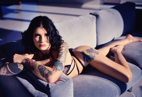 Giulia Bonci, women, tattoo, couch, ass, black lingerie, brunette, black ha ...