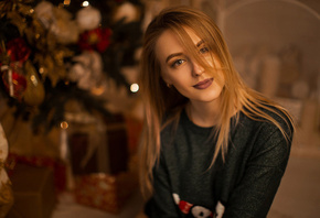 women, blonde, portrait, depth of field, hair in face