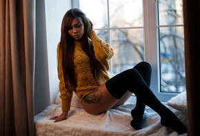 women, tanned, sitting, sweater, window sill, tattoo, black stockings, portrait