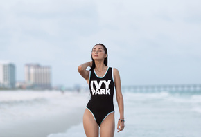 women, one-piece swimsuit, portrait, brunette, depth of field, sea, water d ...