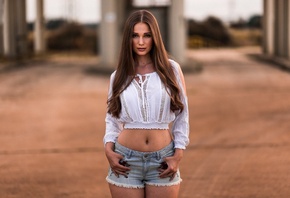 women, portrait, jean shorts, belly, brunette, depth of field, women outdoors