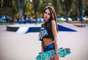 Evgenia Ivanenko, women, skateboard, jean shorts, women outdoors, T-shirt,  ...