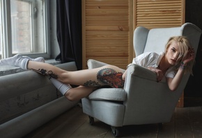 Christina May, women, blonde, ass, tattoos, socks, black nails, shirt, window, brunette