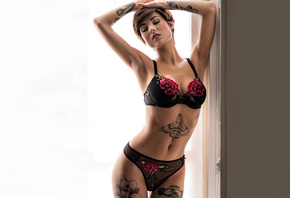 Giorgia Soleri, women, tanned, tattoos, armpits, belly, black lingerie, portrait, closed eyes, short hair, pierced navel