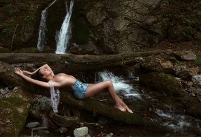 women, lying on back, jean shorts, river, topless, armpits, women outdoors, ...