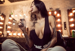 women, sitting, tattoo, boobs, smoke, portrait
