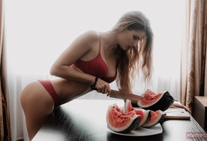 women, blonde, ass, red lingerie, table, knife, Andrey Popenko, watermelons, fruit, tanned, window, belly