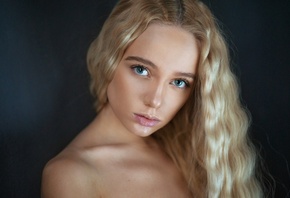 Maria Popova, women, Maxim Maximov, blonde, blue eyes, simple background, f ...