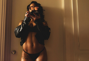 women, tanned, portrait, camera, black lingerie, belly, sunglasses, tattoo, painted nails, leather jackets