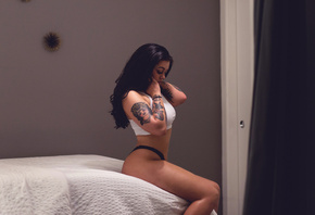 women, sitting, black panties, in bed, tattoo, ass, nose rings, closed eyes