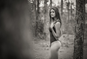 women, trees, monochrome, forest, Esteban Montoya, depth of field