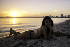 women, sunset, ass, tanned, sea, black bikinis, water, lying on front, smil ...