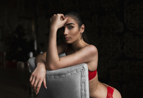 women, tanned, portrait, red lingerie, chair