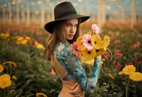 women, portrait, hat, women outdoors, flowers, depth of field