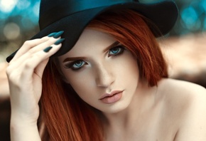 women, face, portrait, depth of field, painted nails, redhead, hat, blue eyes