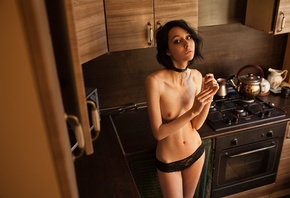 women, black panties, topless, kitchen, boobs, belly, nipples, skinny, port ...