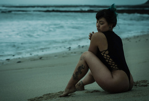 women, tanned, one-piece swimsuit, ass, sand, sea, women outdoors, tattoo,  ...