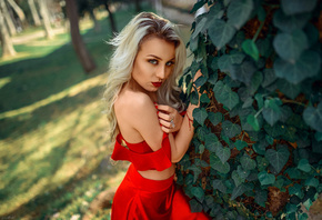 women, blonde, red dress, portrait, women outdoors, red nails, depth of fie ...