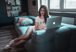Anna Wolf, women, sitting, sneakers, fishnet stockings, T-shirt, laptop, couch, jean shorts, red lipstick