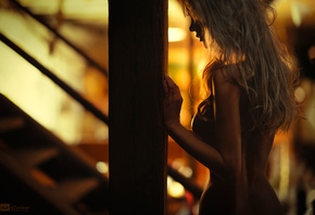 women, nude, blonde, tanned, boobs, back, stairs, nipples, depth of field