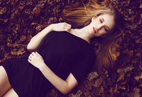 women, top view, black dress, blonde, leaves, portrait, lying on back