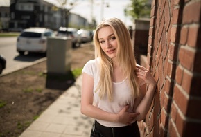 women, blonde, portrait, smiling, women outdoors, depth of field