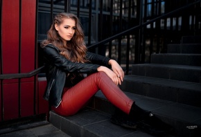 women, portrait, women outdoors, pants, leather jackets, sitting