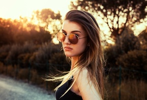 women, blonde, sunglasses, portrait, face, depth of field, sunset