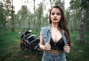 Maria Kooks, women, motorcycle, women outdoors, jean shorts, black bras, Andrei Moshkov, denim