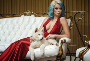 Ekaterina Enokaeva, women, dyed hair, Nikolas Verano, cleavage, red dress,  ...