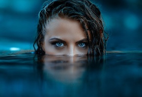 women, Alessandro Di Cicco, face, water, blue eyes, depth of field, reflection